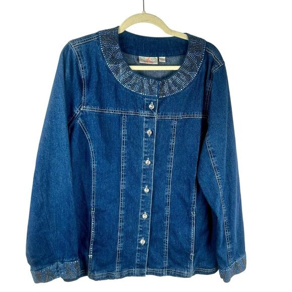 Quacker Factory Sequin Denim Jean Jacket Women Large Blue Studded Rhinestone - Picture 1 of 7